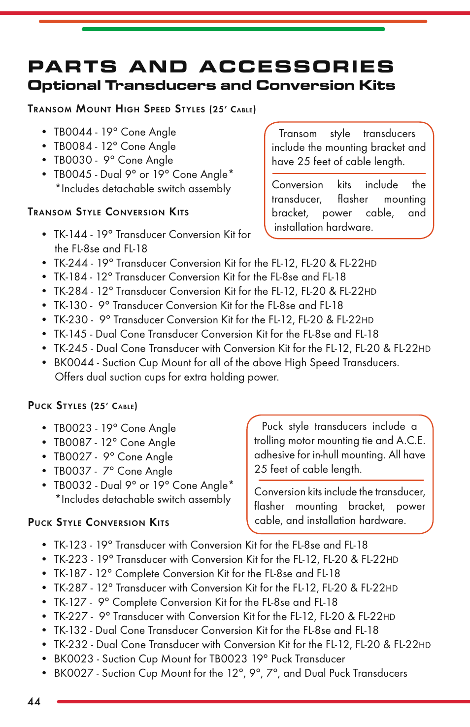 Parts and accessories, Optional transducers and conversion kits | Vexilar FL-22 User Manual | Page 44 / 52