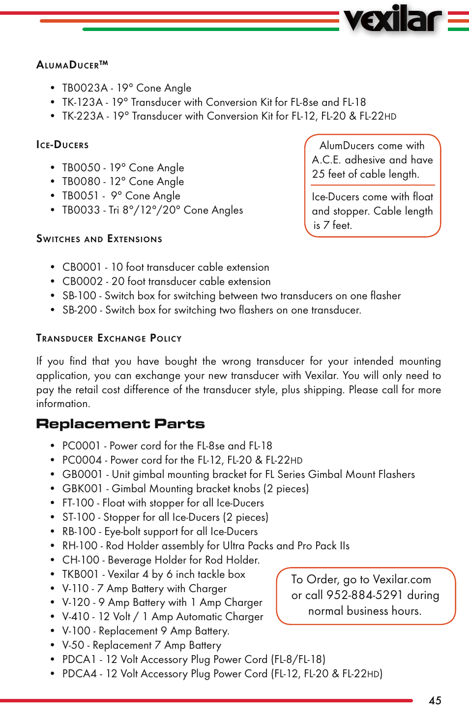 Replacement parts | Vexilar FL-22 User Manual | Page 45 / 52