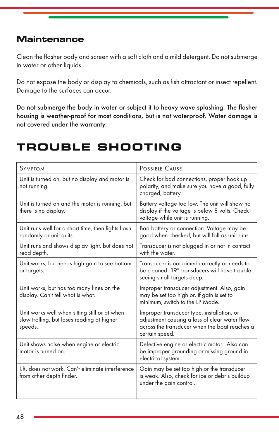 Trouble shooting, Maintenance | Vexilar FL-22 User Manual | Page 48 / 52