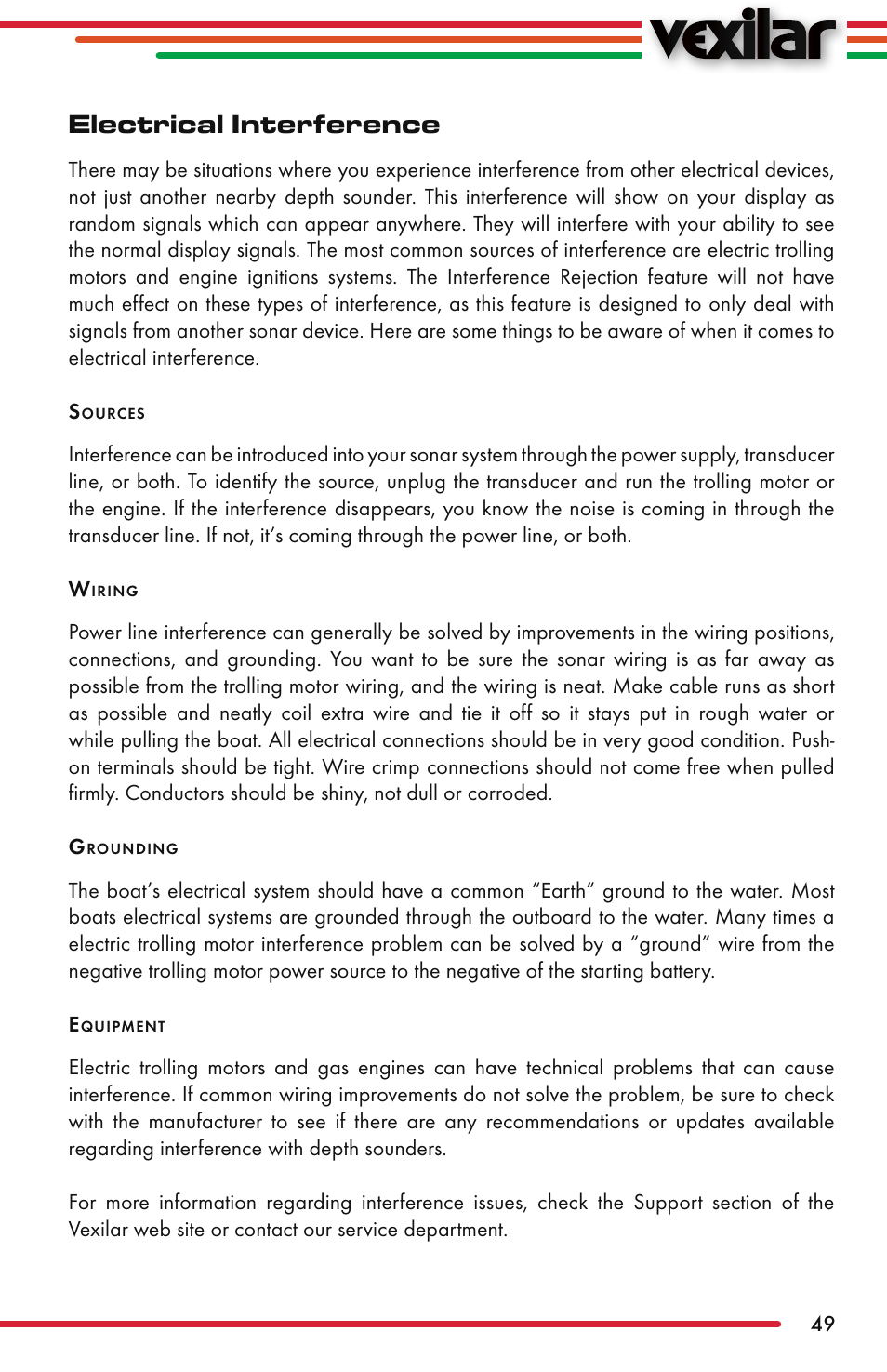 Electrical interference | Vexilar FL-22 User Manual | Page 49 / 52