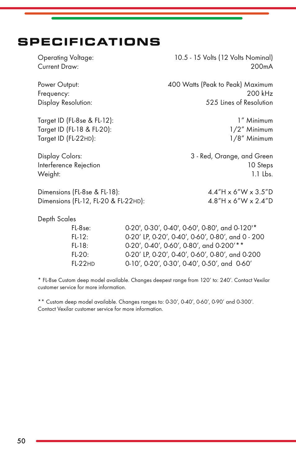 Specifications | Vexilar FL-22 User Manual | Page 50 / 52