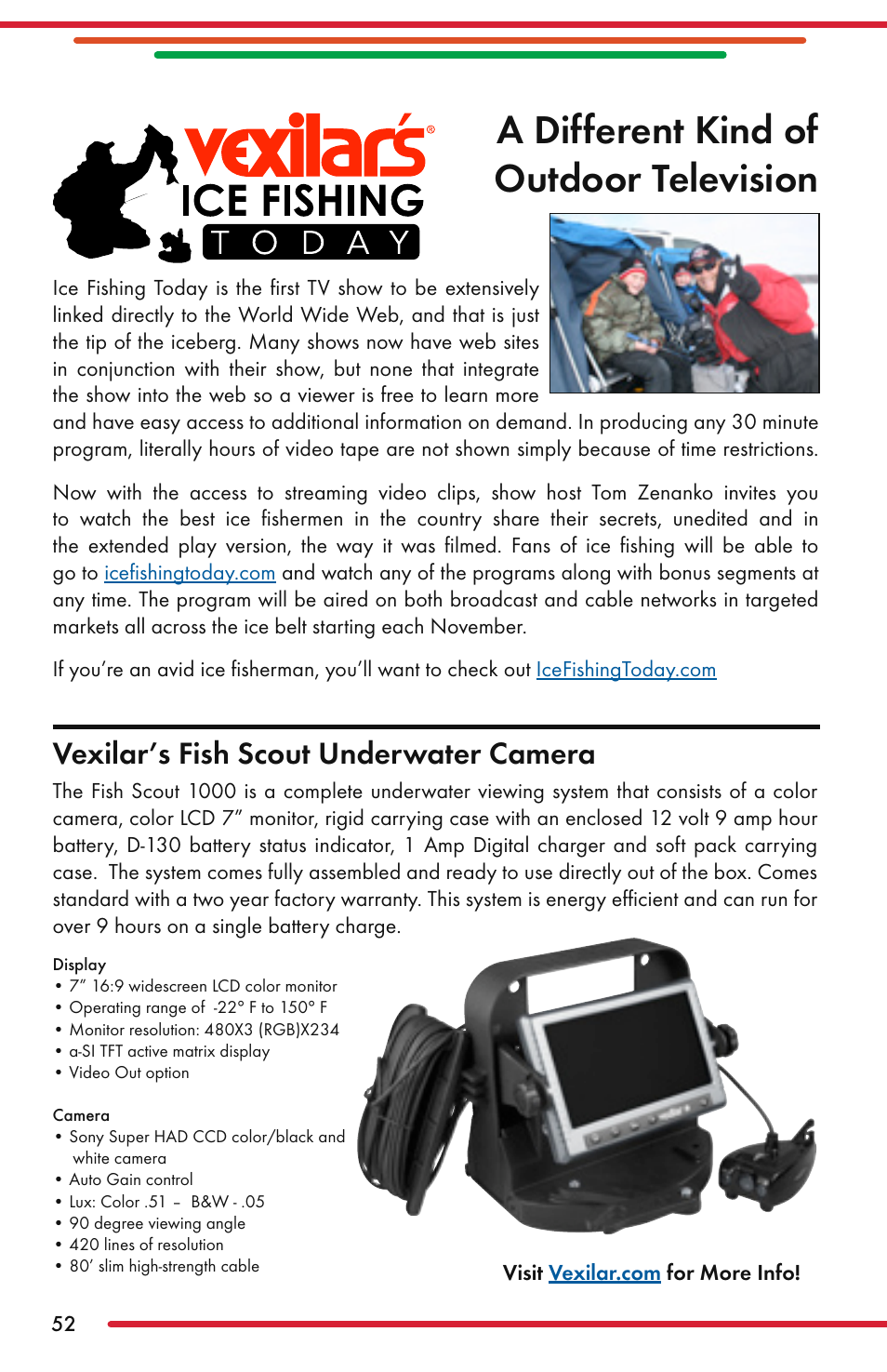 A different kind of outdoor television, Vexilar’s fish scout underwater camera | Vexilar FL-22 User Manual | Page 52 / 52