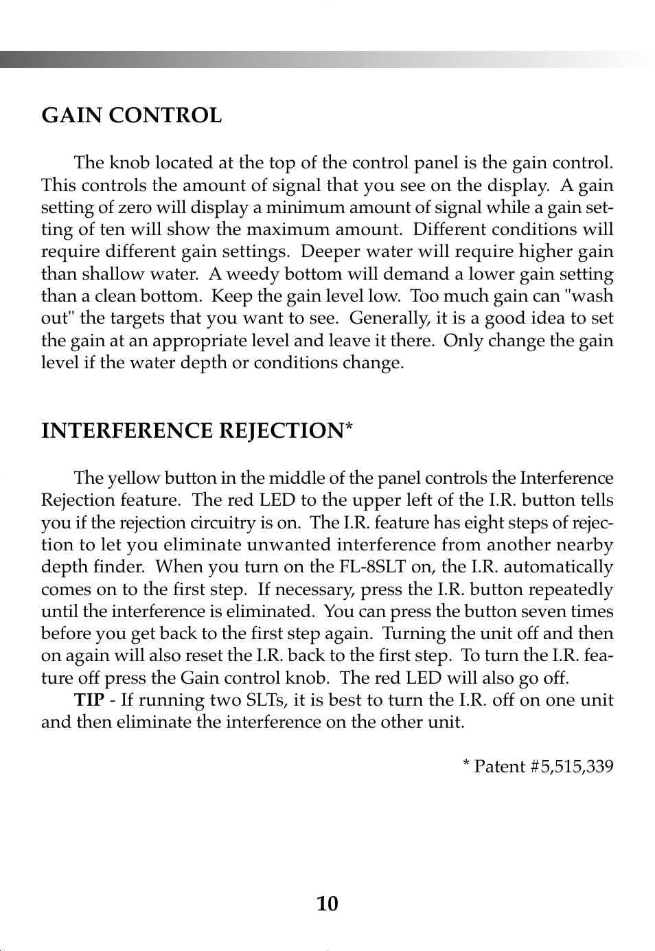 10 gain control, Interference rejection | Vexilar FL-8SLT User Manual | Page 10 / 28