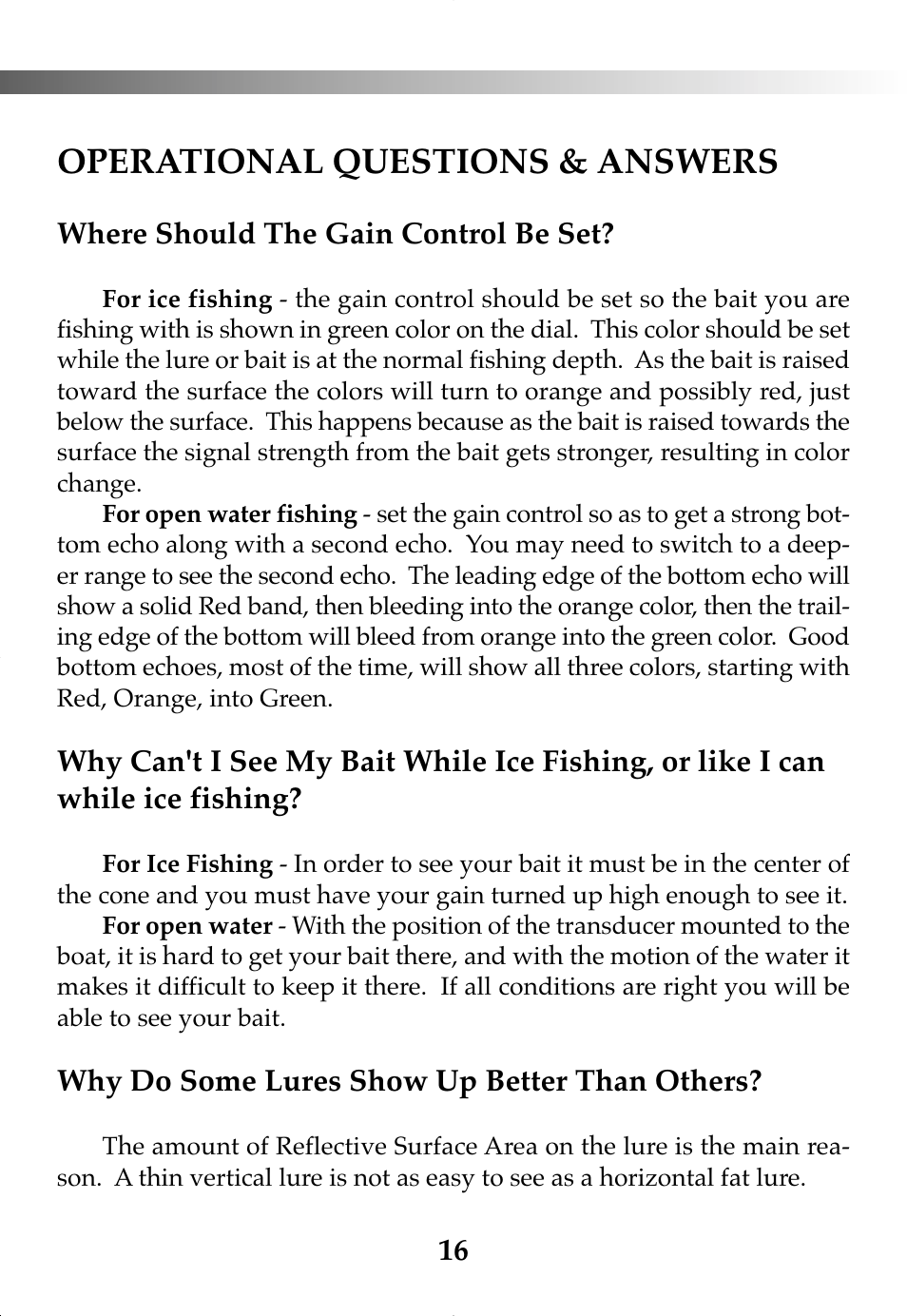 Operational questions & answers | Vexilar FL-8SLT User Manual | Page 16 / 28
