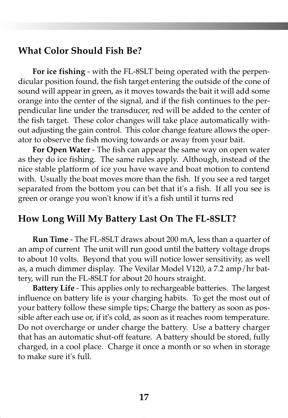 17 what color should fish be, How long will my battery last on the fl-8slt | Vexilar FL-8SLT User Manual | Page 17 / 28