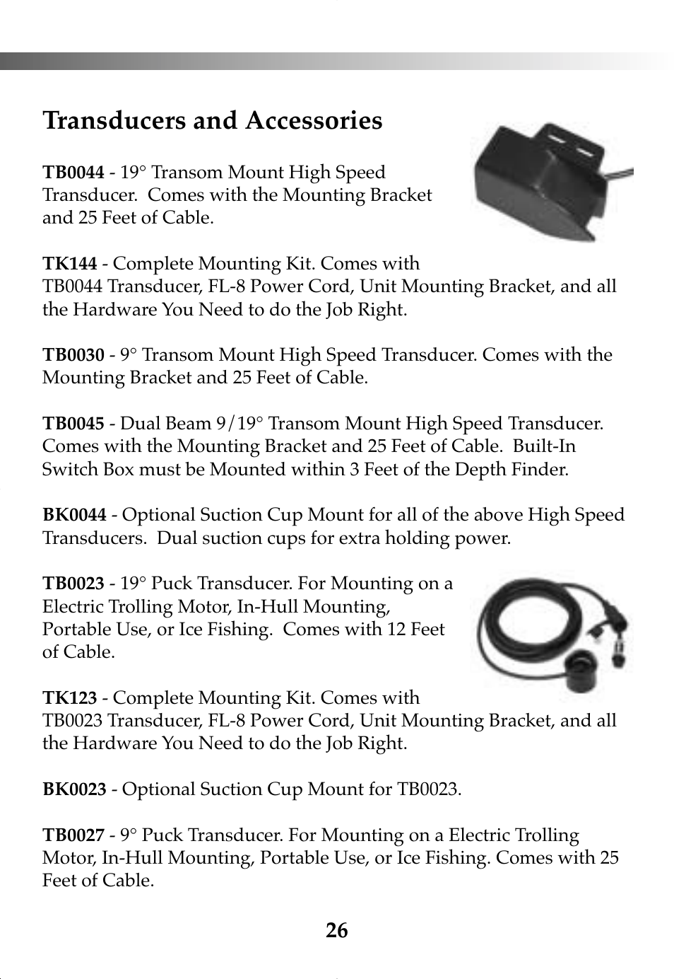 Transducers and accessories | Vexilar FL-8SLT User Manual | Page 26 / 28