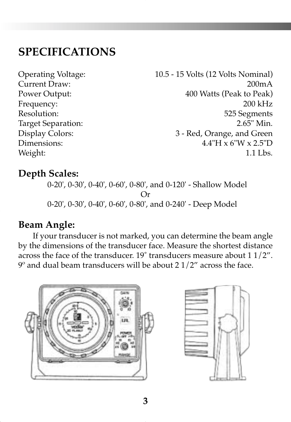 Specifications, Depth scales, Beam angle | Vexilar FL-8SLT User Manual | Page 3 / 28