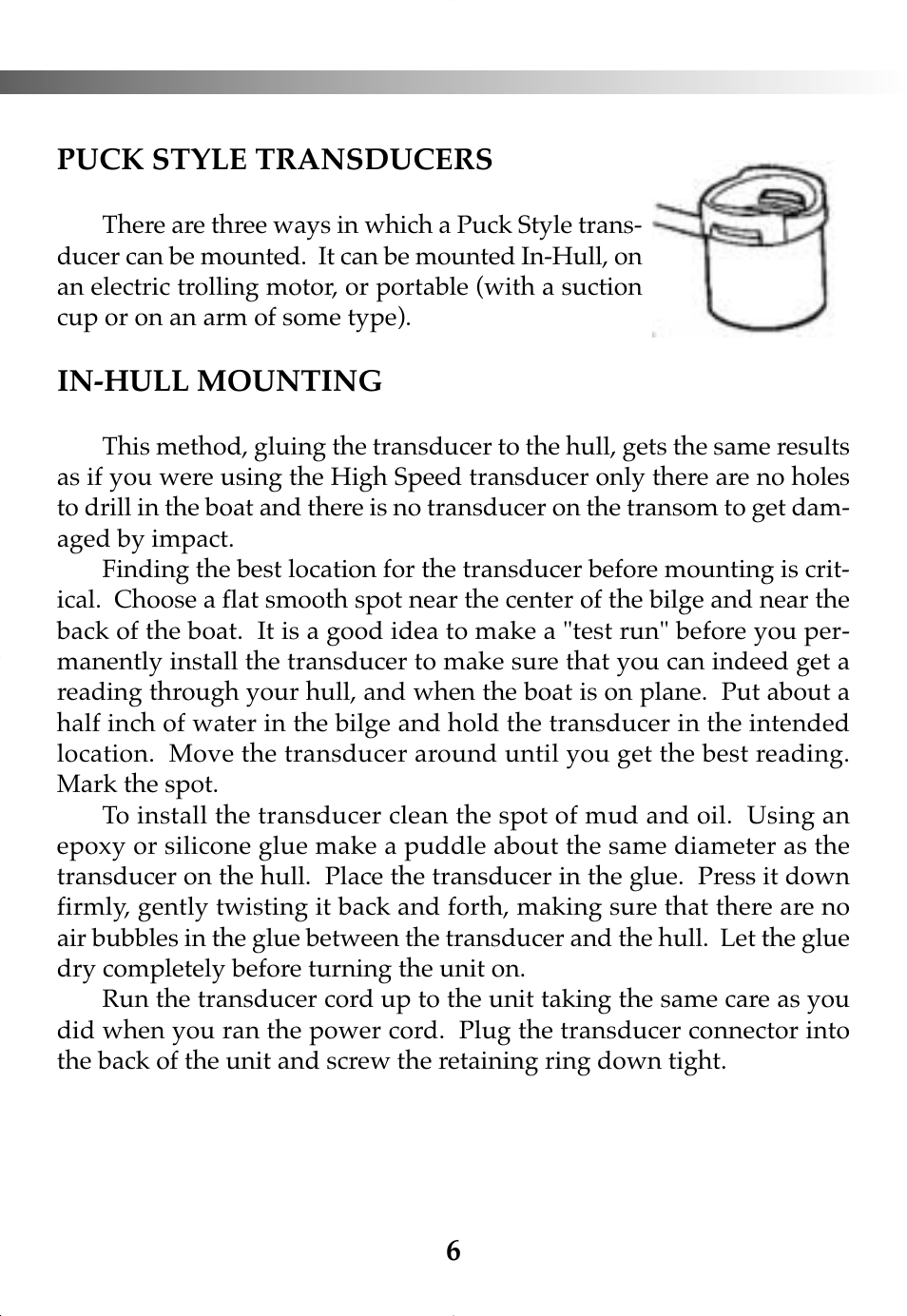 6puck style transducers, In-hull mounting | Vexilar FL-8SLT User Manual | Page 6 / 28