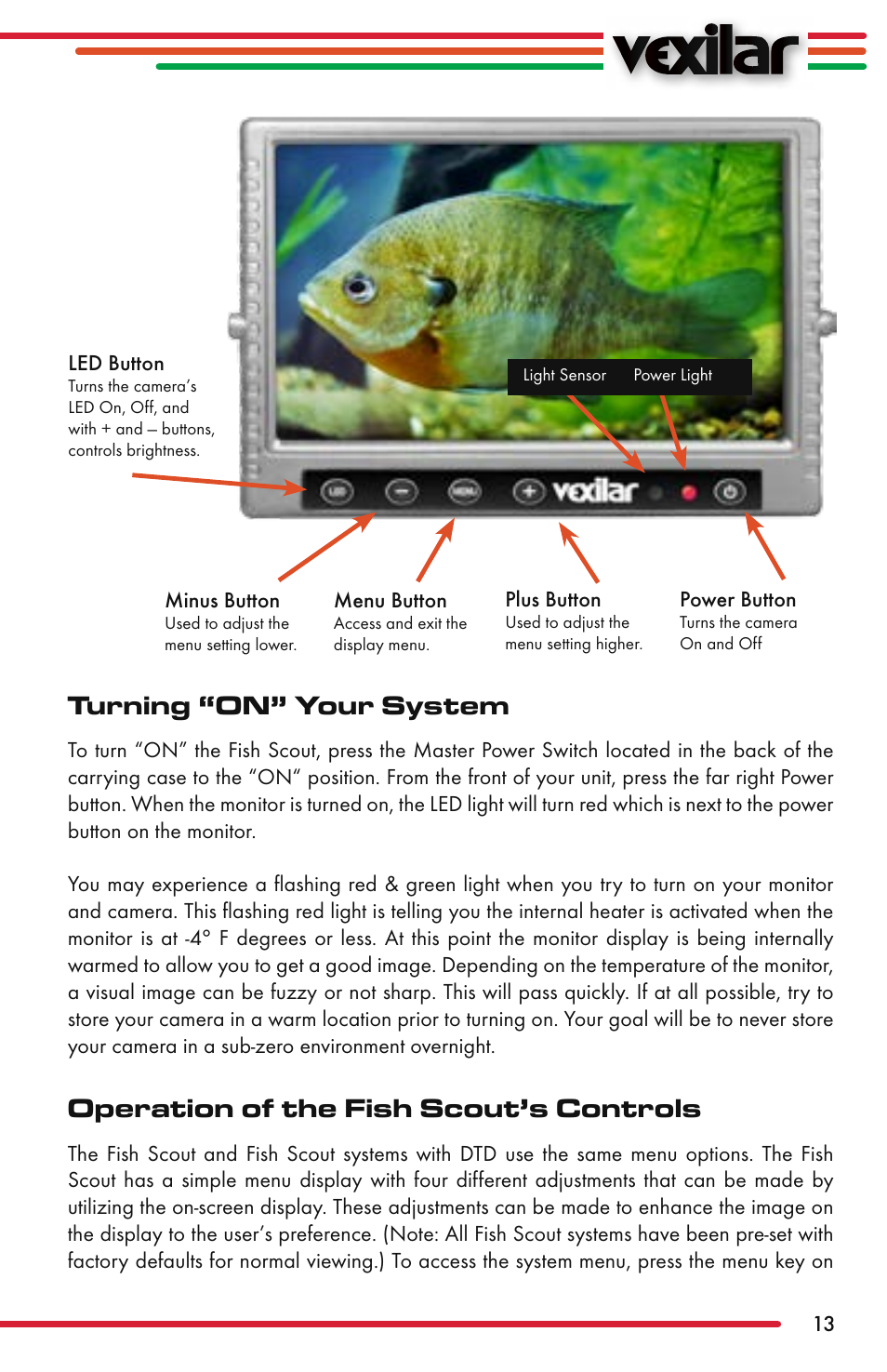 Turning “on” your system, Operation of the fish scout’s controls | Vexilar Fish Scout 2013 User Manual | Page 13 / 28