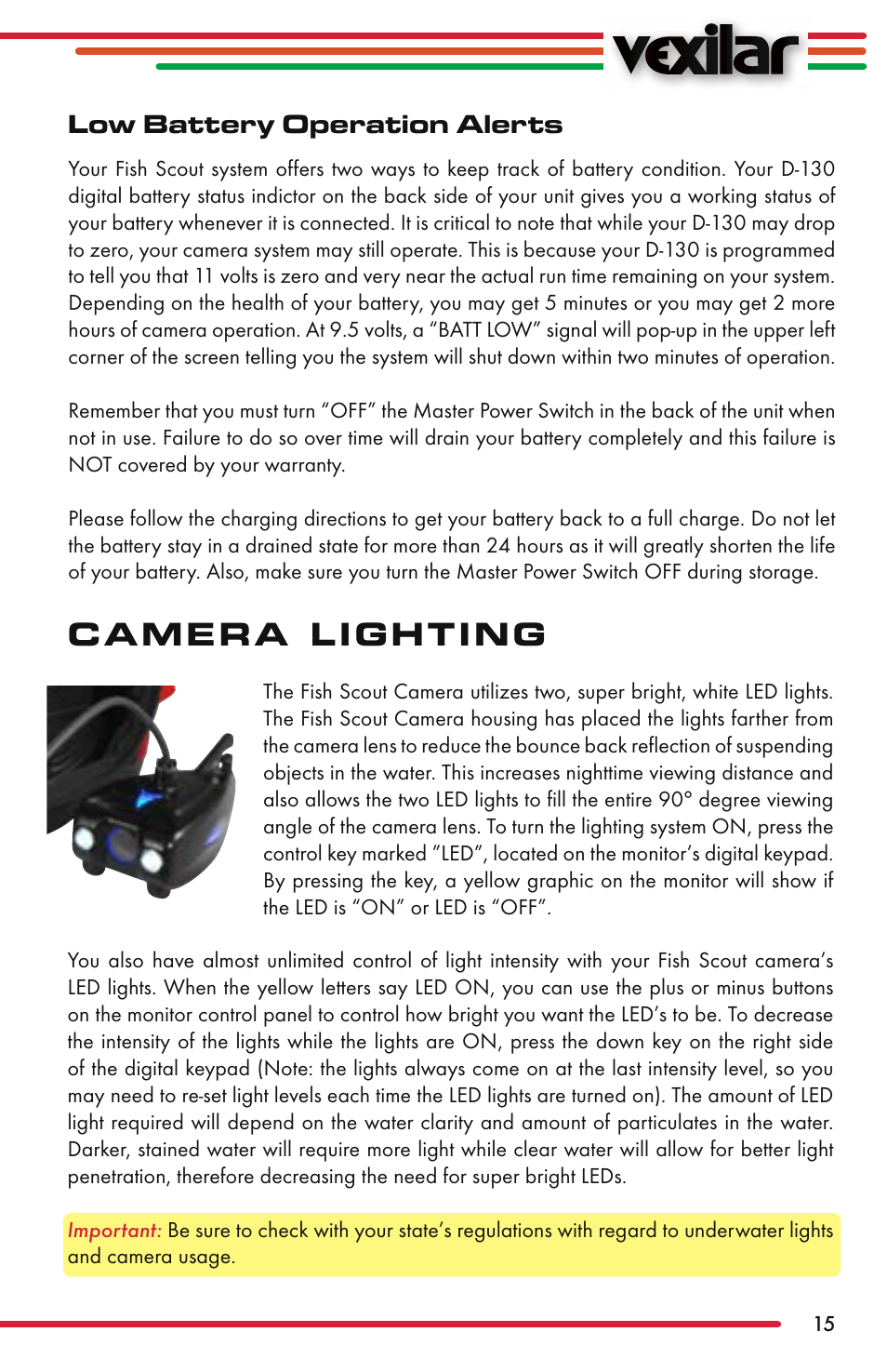 Camera lighting | Vexilar Fish Scout 2013 User Manual | Page 15 / 28