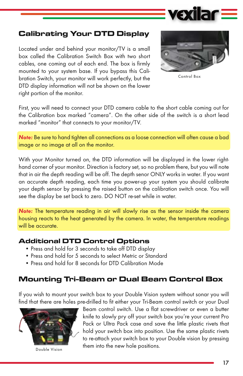 Calibrating your dtd display, Mounting tri-beam or dual beam control box | Vexilar Fish Scout 2013 User Manual | Page 17 / 28