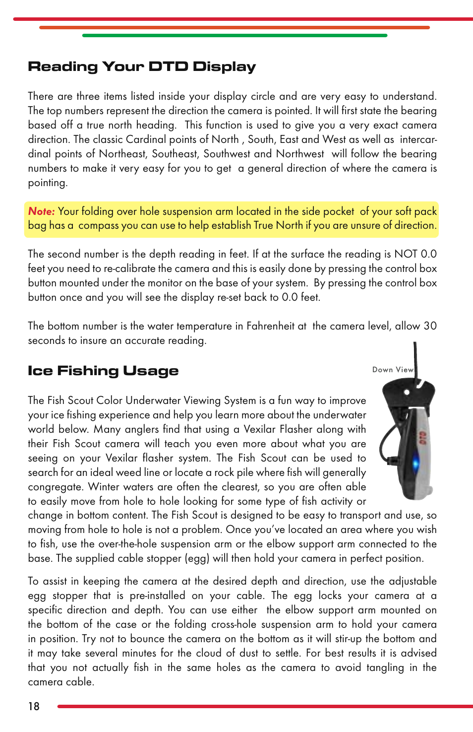 Reading your dtd display, Ice fishing usage | Vexilar Fish Scout 2013 User Manual | Page 18 / 28