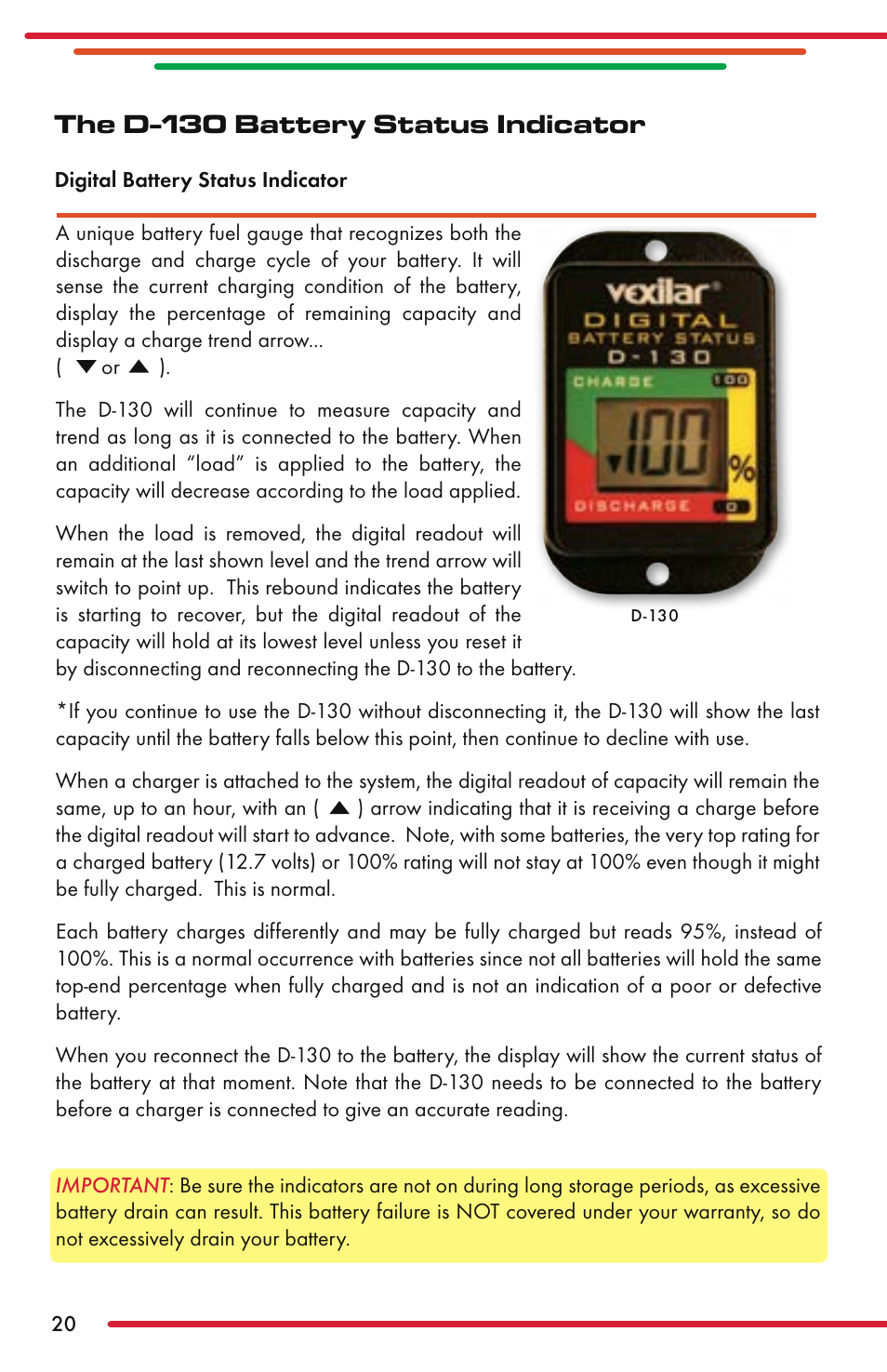 The d-130 battery status indicator | Vexilar Fish Scout 2013 User Manual | Page 20 / 28