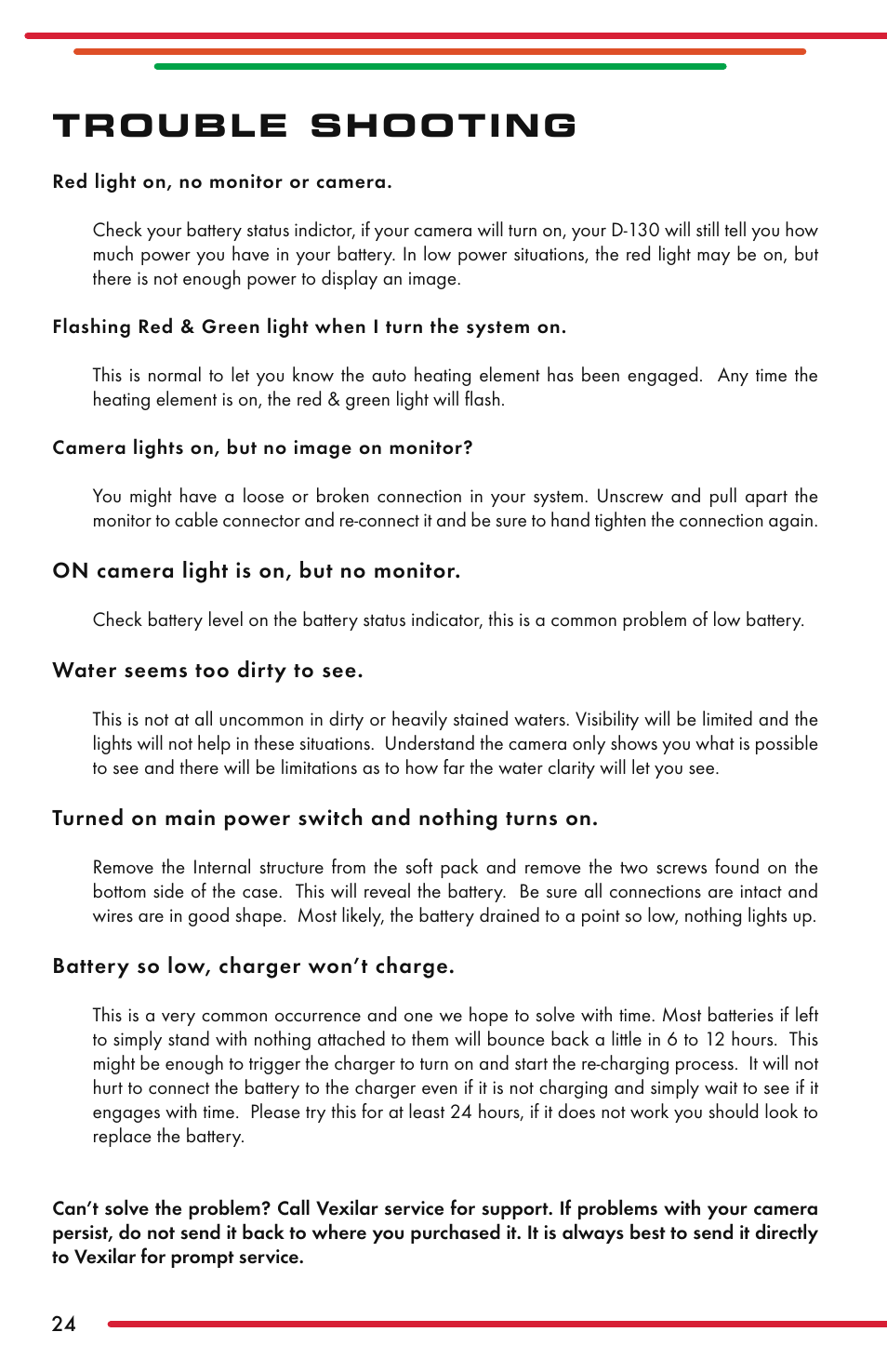 Trouble shooting | Vexilar Fish Scout 2013 User Manual | Page 24 / 28