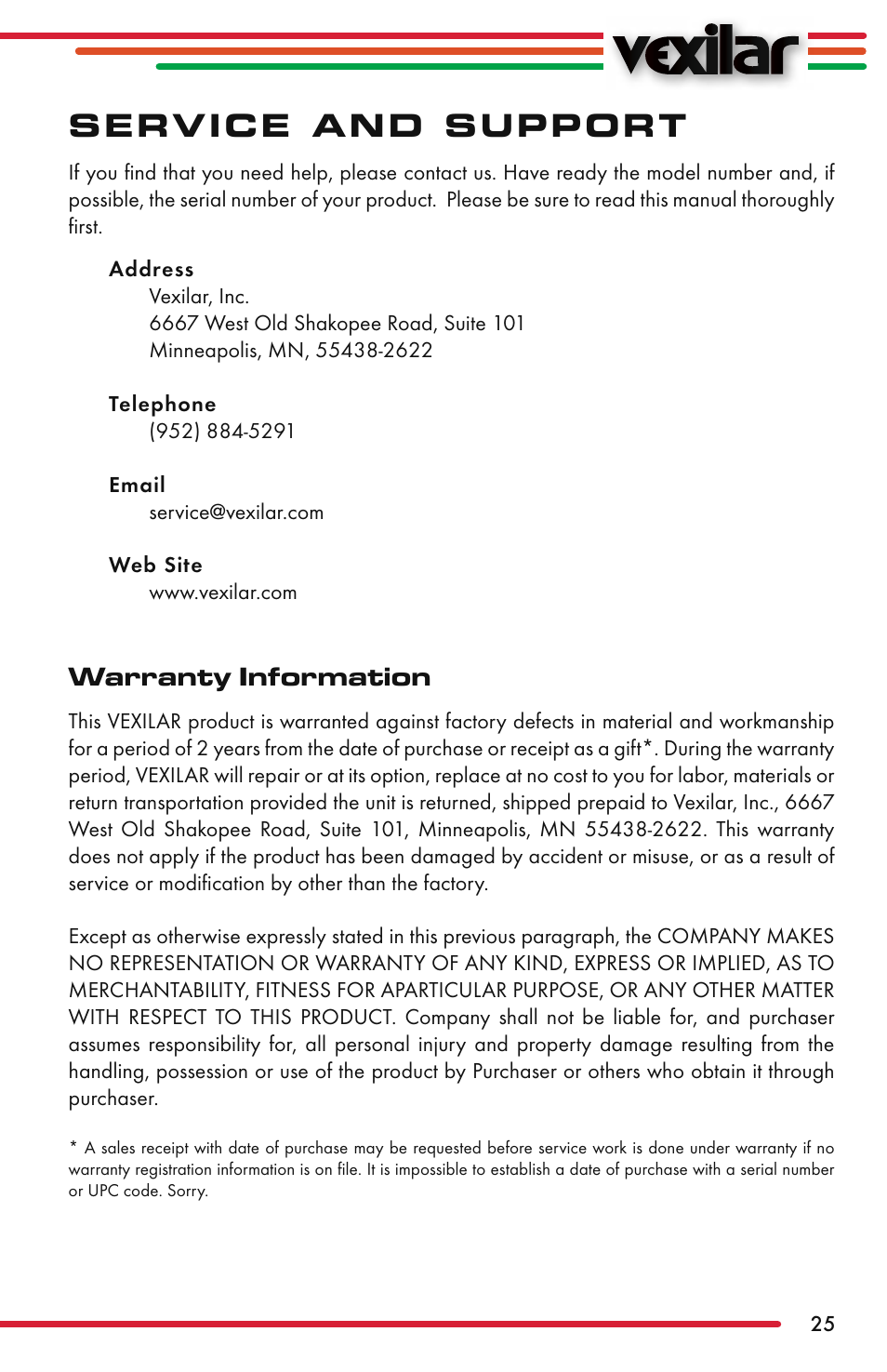 Service and support, Warranty information | Vexilar Fish Scout 2013 User Manual | Page 25 / 28