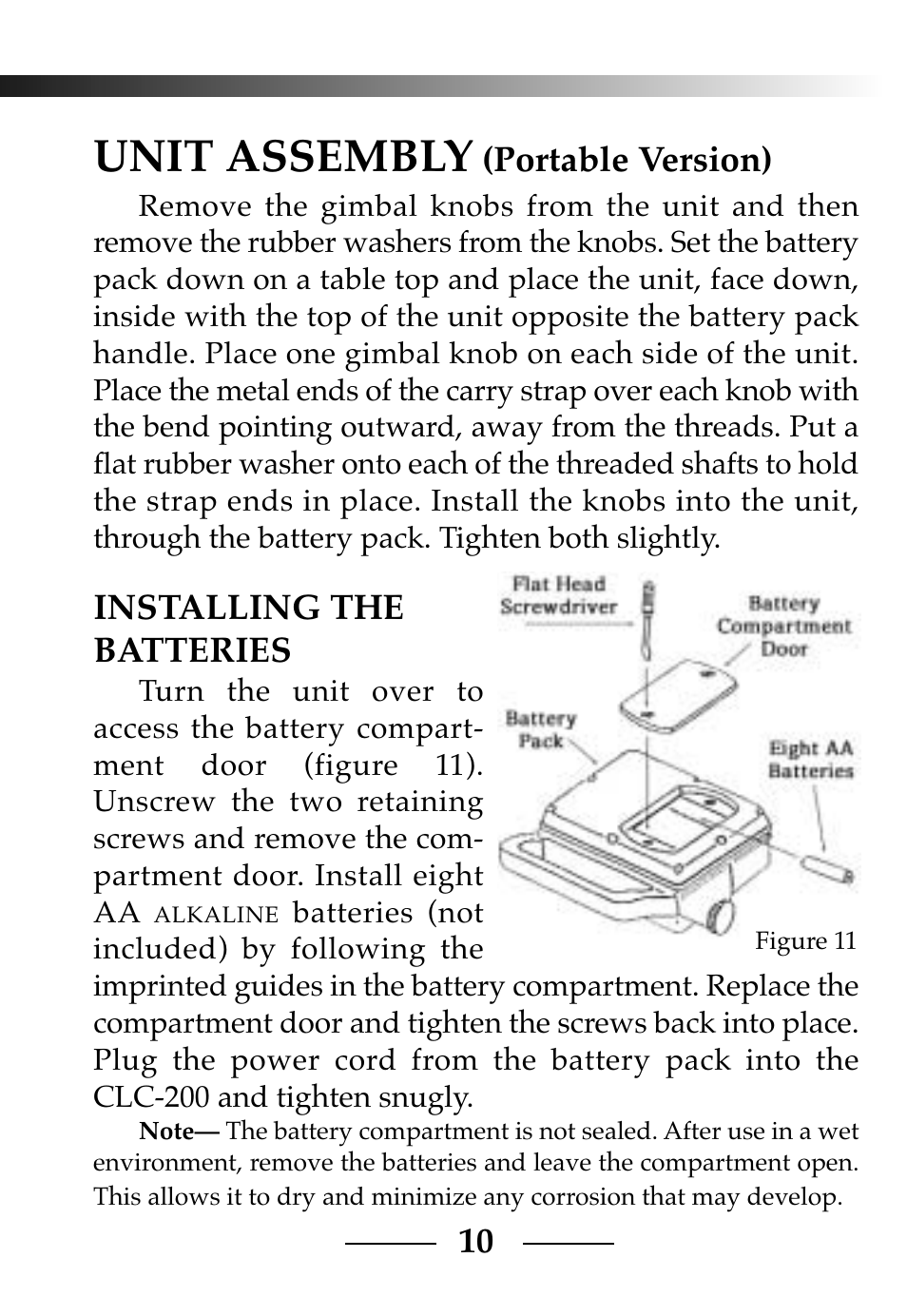 Unit assembly, Portable version), Installing the batteries | Vexilar CLC-200 User Manual | Page 10 / 32