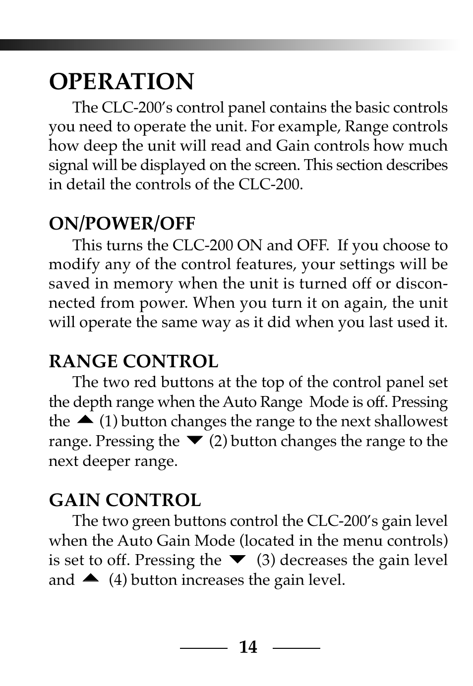 Operation, On/power/off, Range control | Gain control | Vexilar CLC-200 User Manual | Page 14 / 32