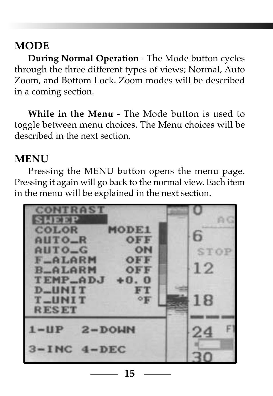 Mode, Menu | Vexilar CLC-200 User Manual | Page 15 / 32