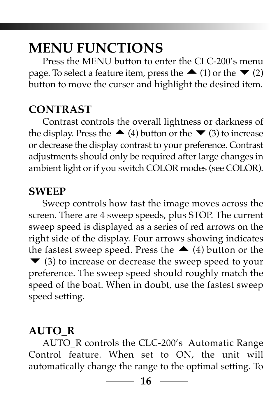 Menu functions, Contrast, Sweep | Auto_r | Vexilar CLC-200 User Manual | Page 16 / 32