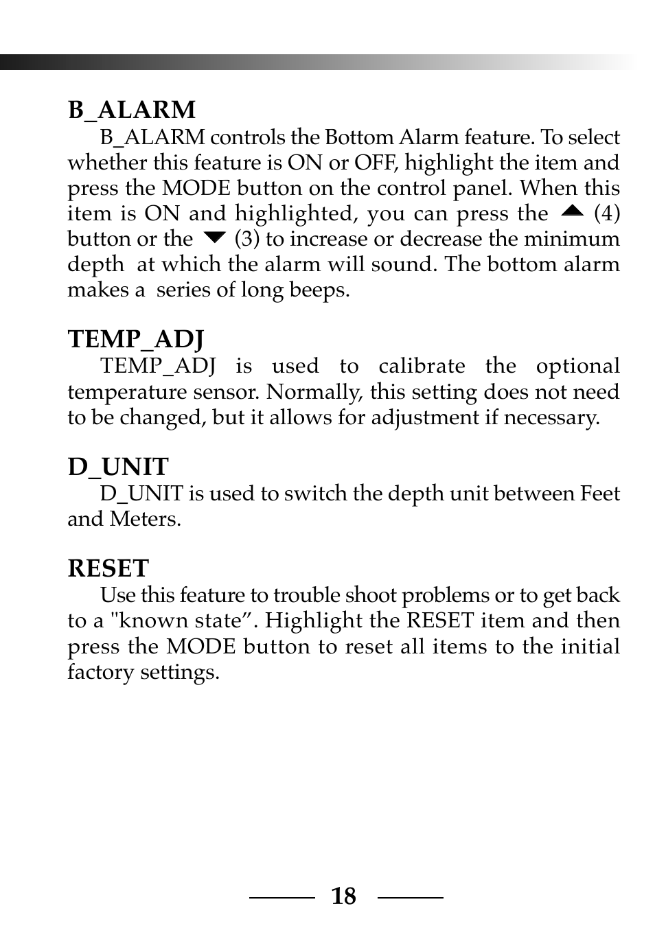18 b_alarm, Temp_adj, D_unit | Reset | Vexilar CLC-200 User Manual | Page 18 / 32