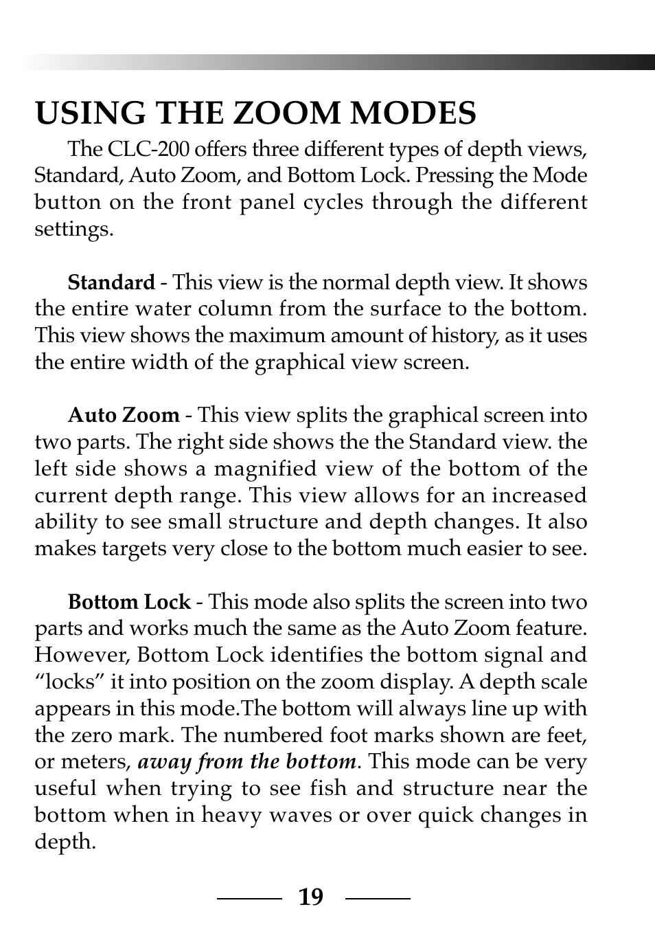 Using the zoom modes | Vexilar CLC-200 User Manual | Page 19 / 32