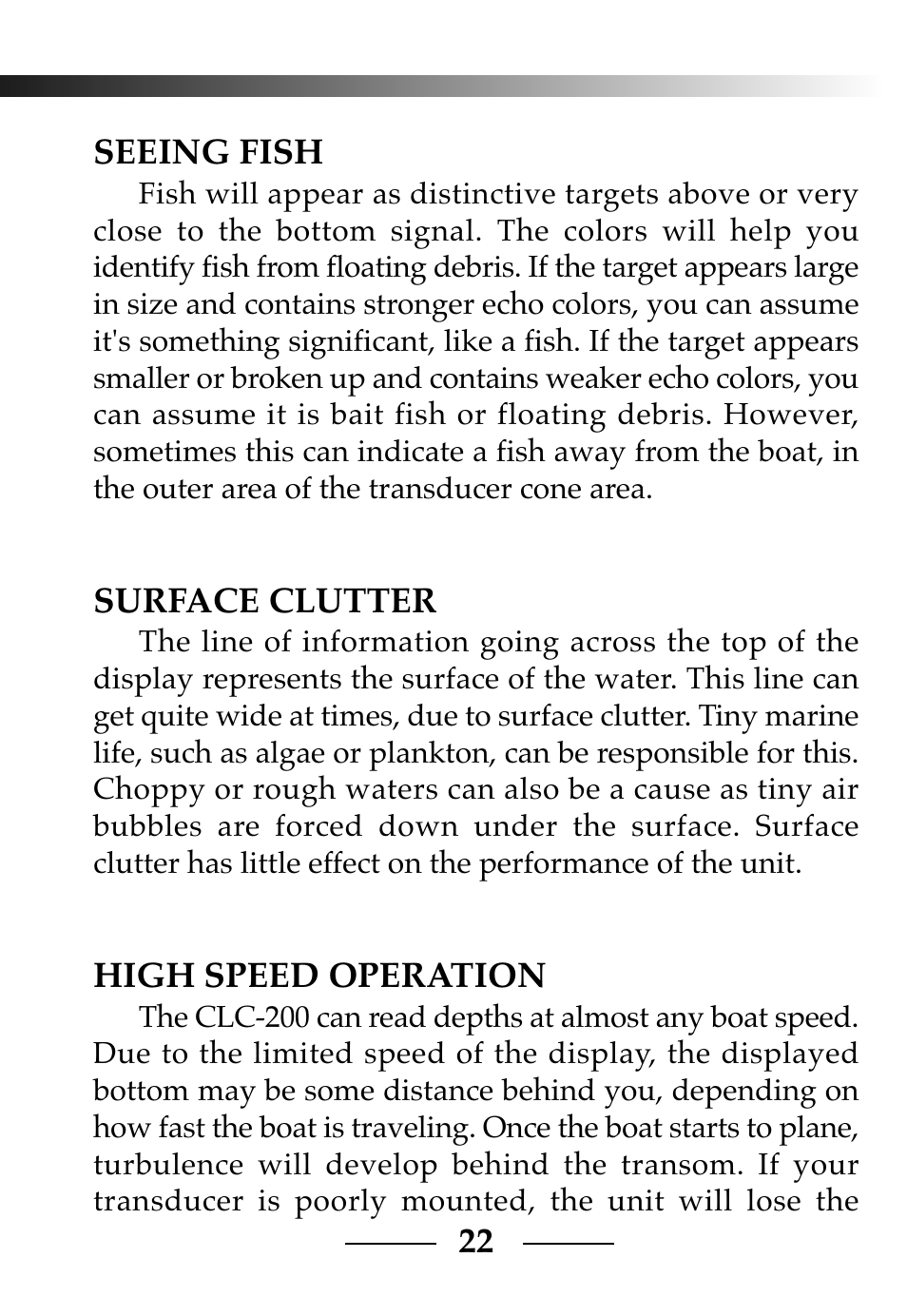 22 seeing fish, Surface clutter, High speed operation | Vexilar CLC-200 User Manual | Page 22 / 32