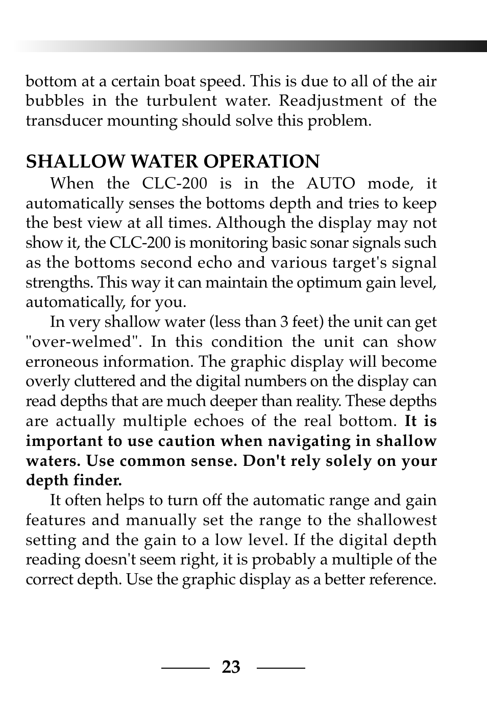 Shallow water operation | Vexilar CLC-200 User Manual | Page 23 / 32