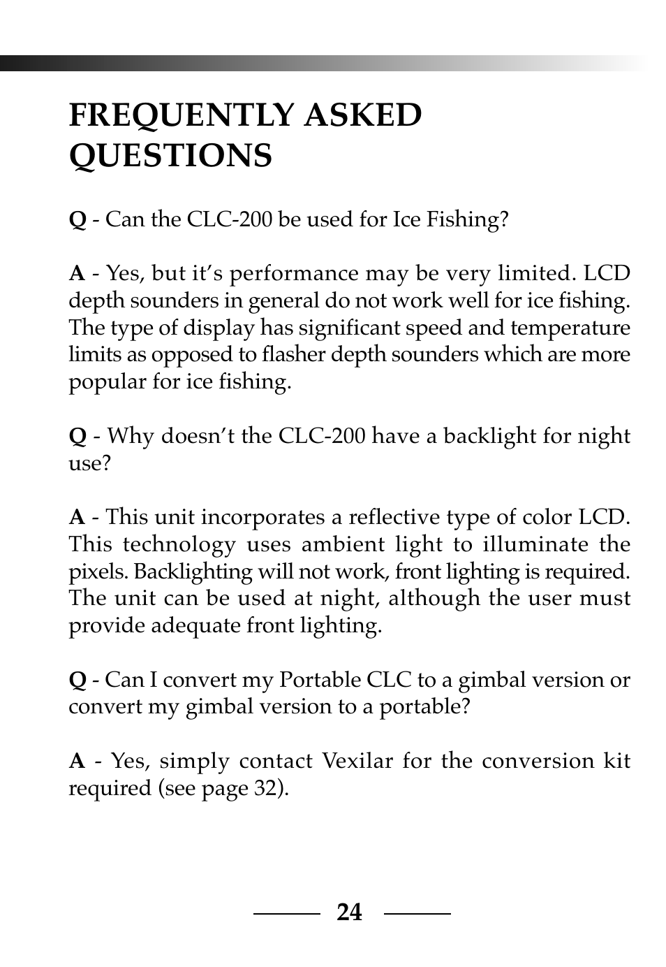 Frequently asked questions | Vexilar CLC-200 User Manual | Page 24 / 32