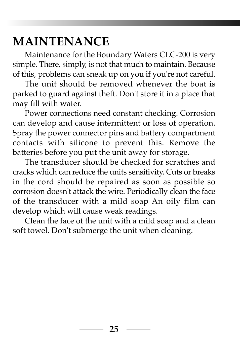 Maintenance | Vexilar CLC-200 User Manual | Page 25 / 32