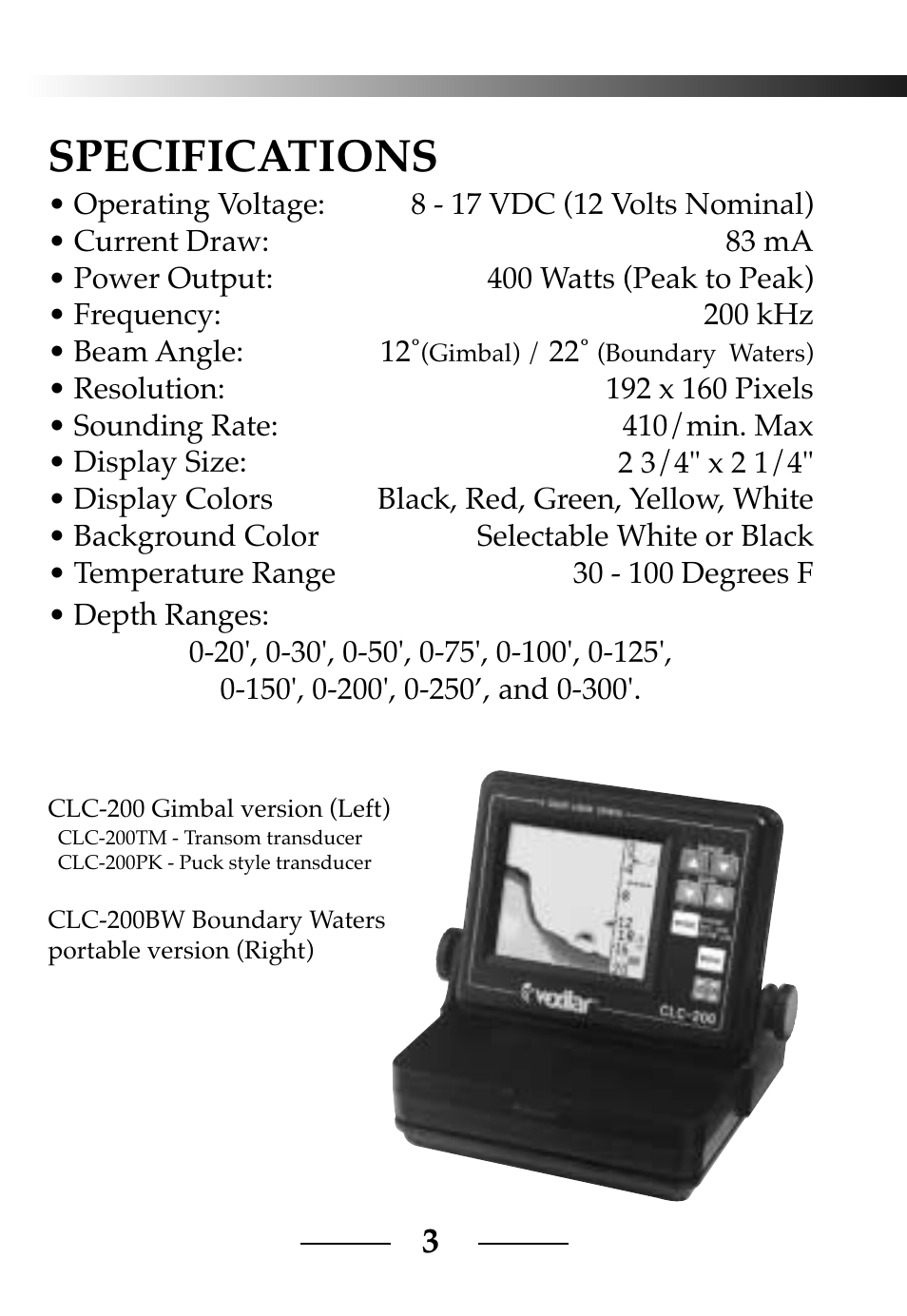 Specifications | Vexilar CLC-200 User Manual | Page 3 / 32