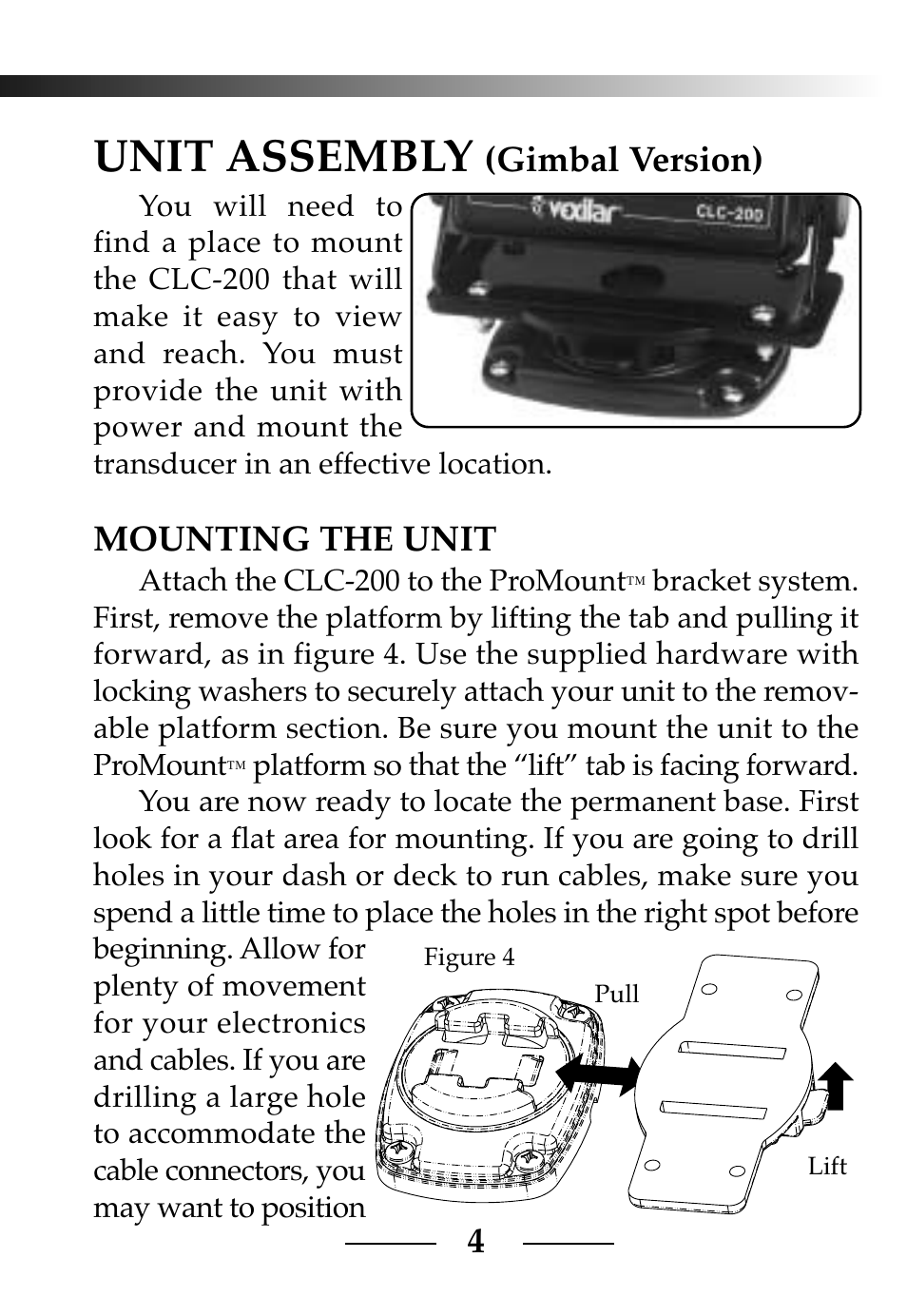 Unit assembly, Gimbal version), Mounting the unit | Vexilar CLC-200 User Manual | Page 4 / 32