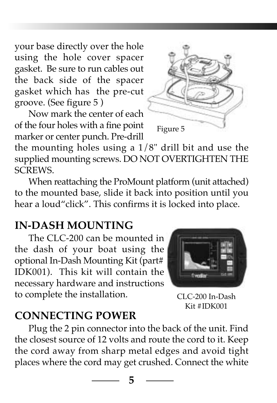 In-dash mounting, Connecting power | Vexilar CLC-200 User Manual | Page 5 / 32