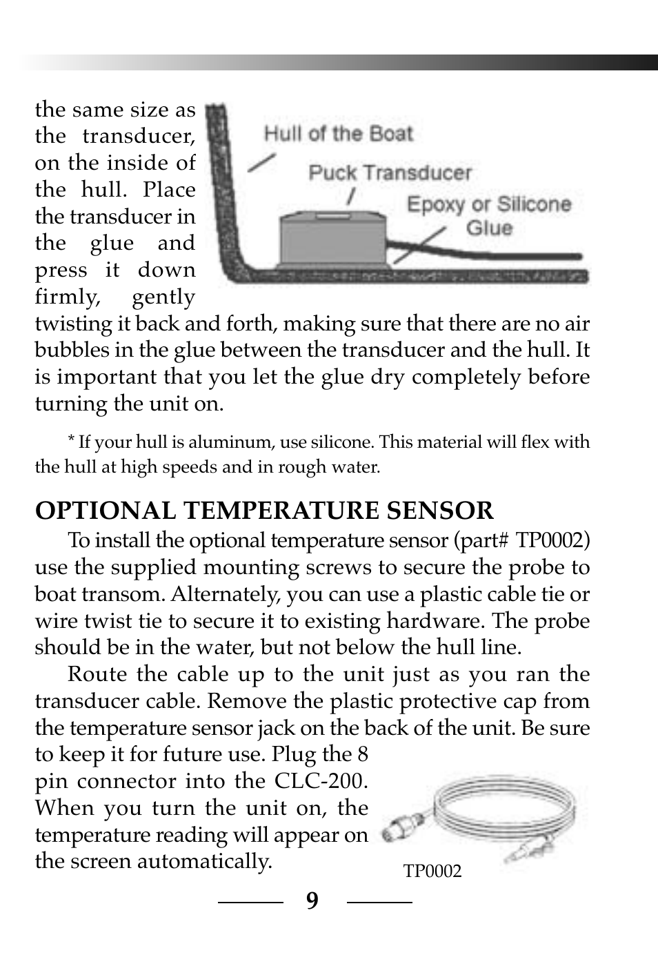 9optional temperature sensor | Vexilar CLC-200 User Manual | Page 9 / 32