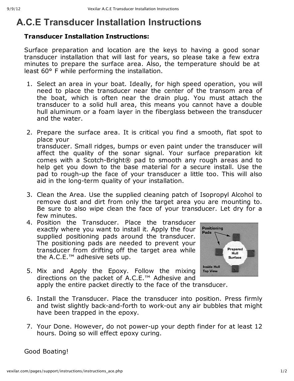 Vexilar A.C.E Transducer User Manual | 2 pages