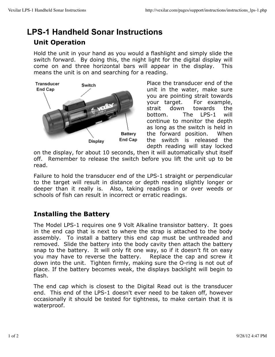 Vexilar LPS-1 User Manual | 2 pages