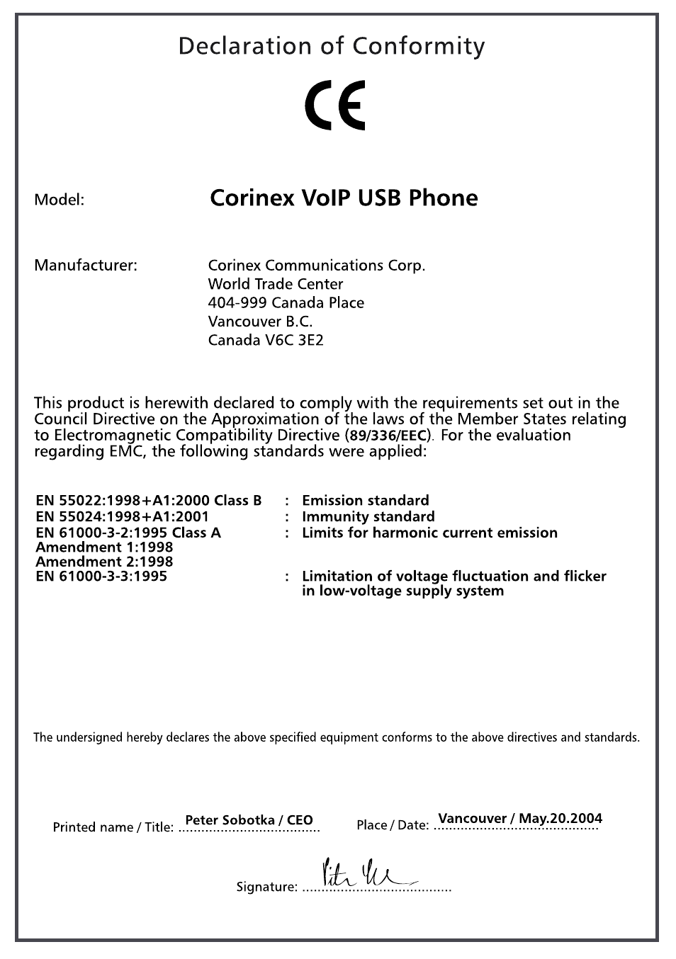 Declaration of conformity ce | Corinex Global VoIP USB Phone User Manual | Page 2 / 40