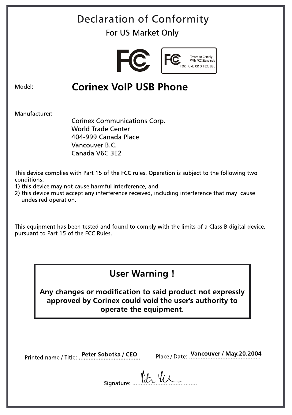 Declaration of conformity fcc | Corinex Global VoIP USB Phone User Manual | Page 3 / 40