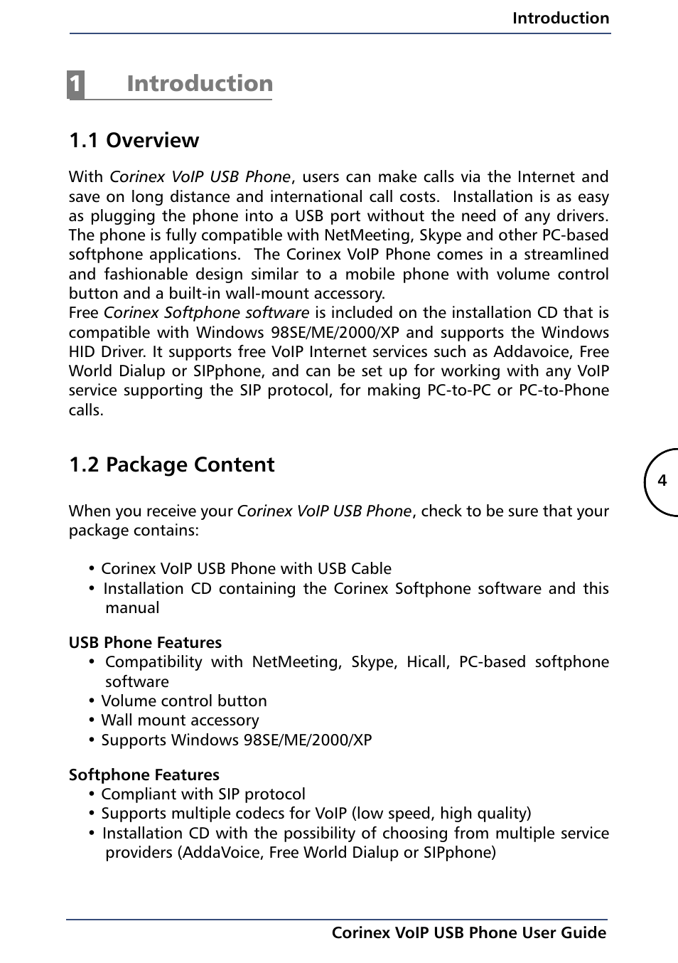 1 introduction, 1 overview, 2 package content | Introduction, Overview, Package content, 1introduction | Corinex Global VoIP USB Phone User Manual | Page 7 / 40