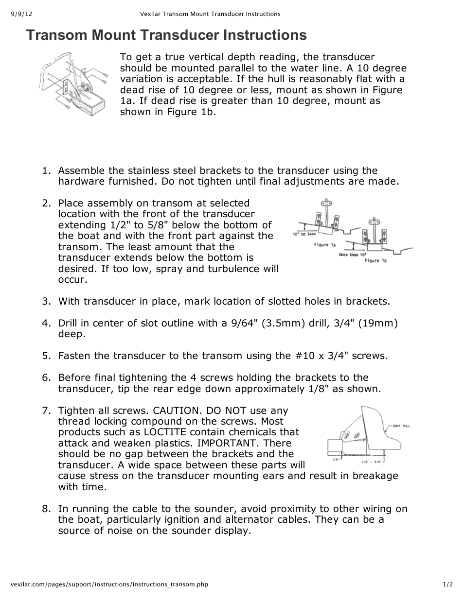 Vexilar Transom Mount Transducer User Manual | 2 pages