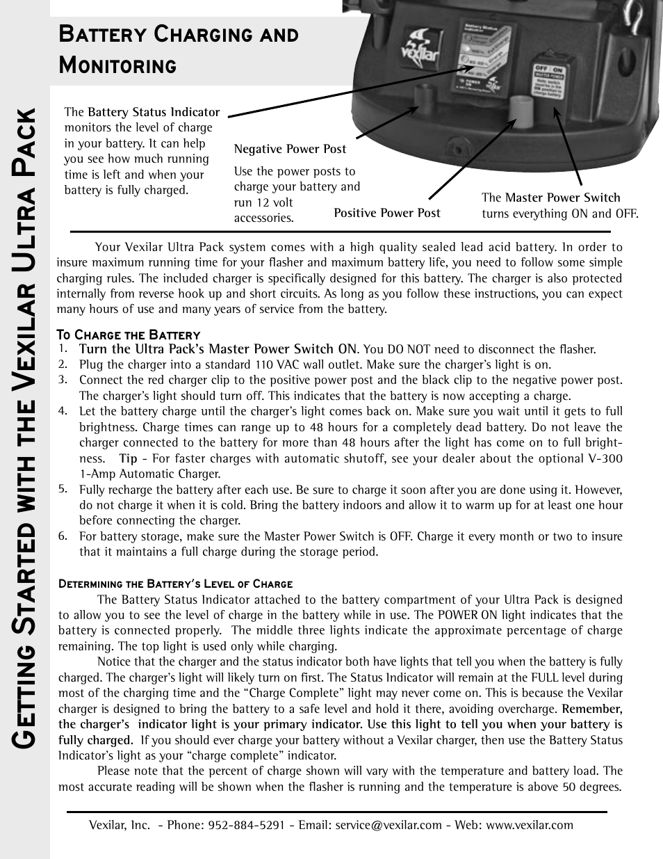 Getting started with the v exilar ultra p ack, Battery charging and monitoring | Vexilar UltraPack User Manual | Page 2 / 2