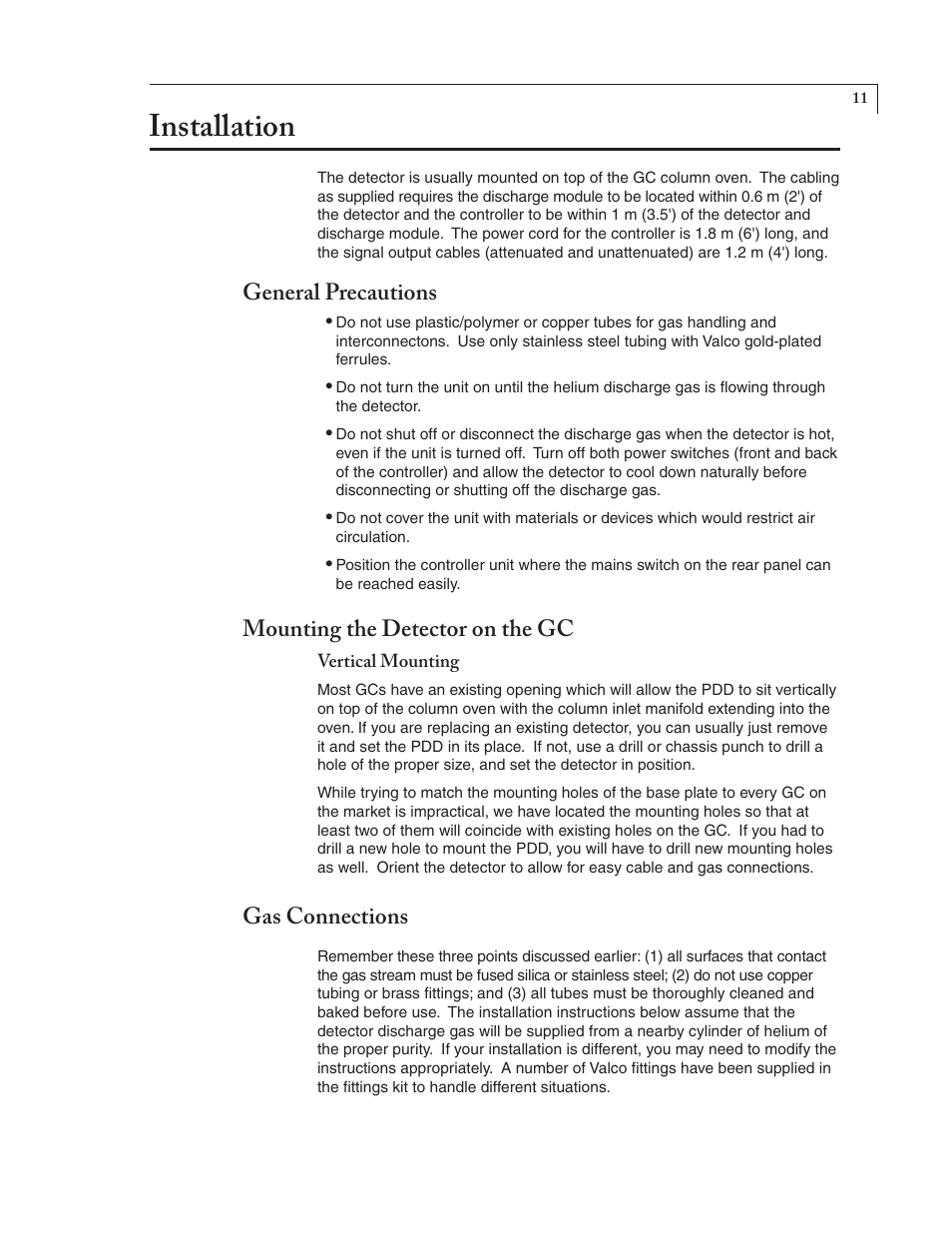 Installation, General precautions, Mounting the detector on the gc | Gas connections | VICI D-4-I User Manual | Page 15 / 28