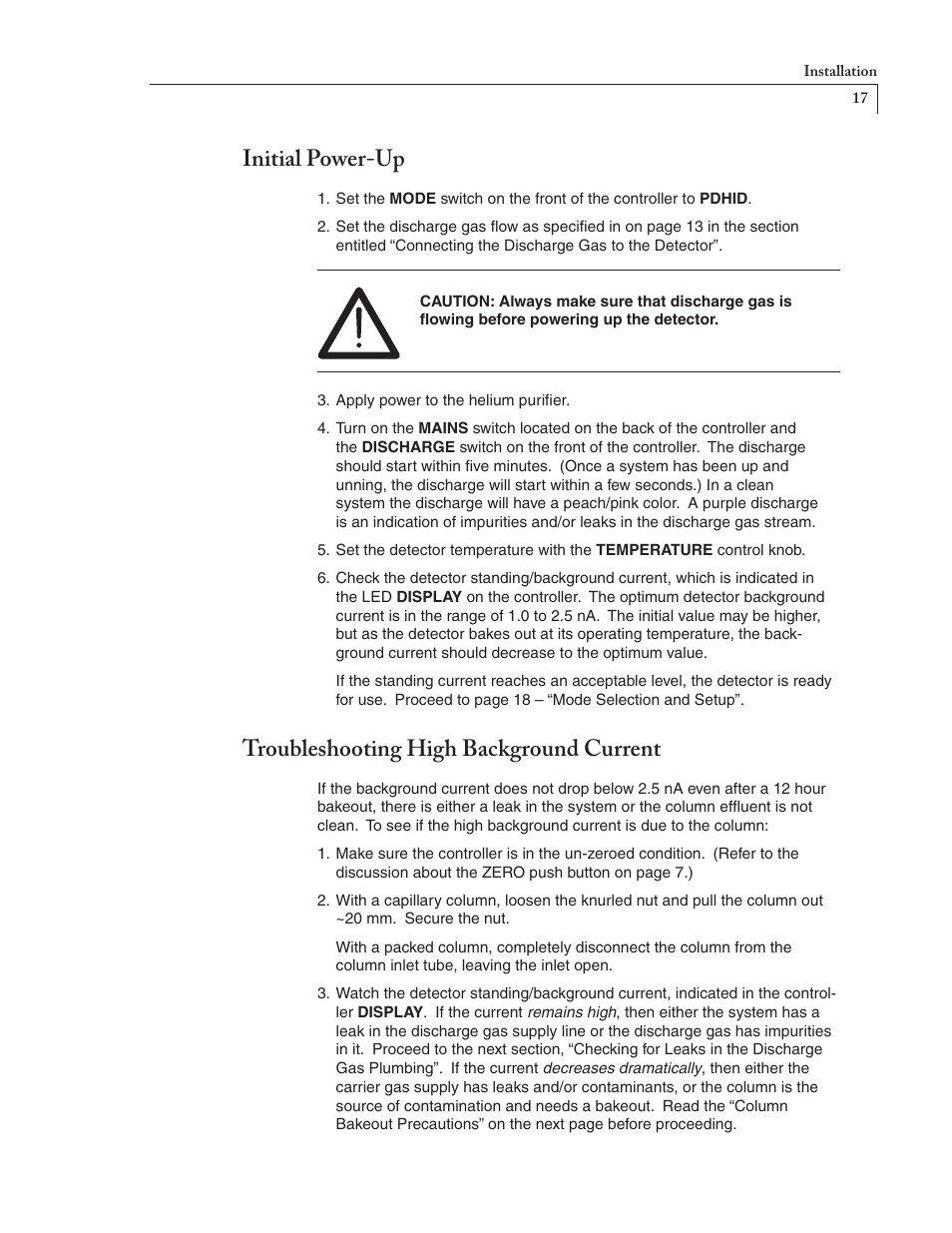 Initial power-up, Troubleshooting high background current | VICI D-4-I User Manual | Page 21 / 28