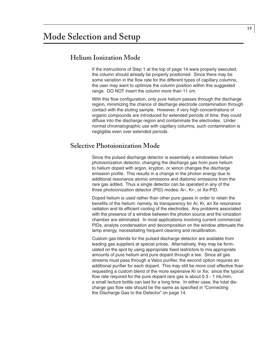 Mode selection and setup, Helium ionization mode, Selective photoionization mode | VICI D-4-I User Manual | Page 23 / 28