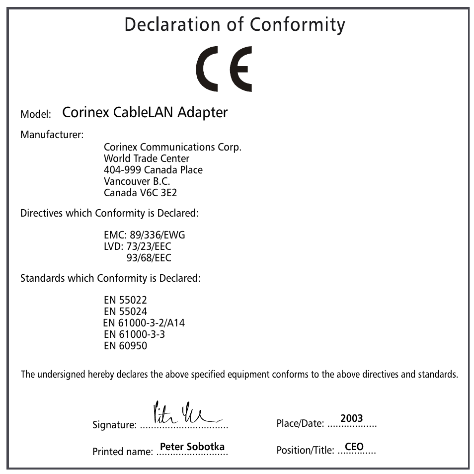 Declaration of conformity - ce, Corinex cablelan adapter | Corinex Global MAC OS X User Manual | Page 2 / 35