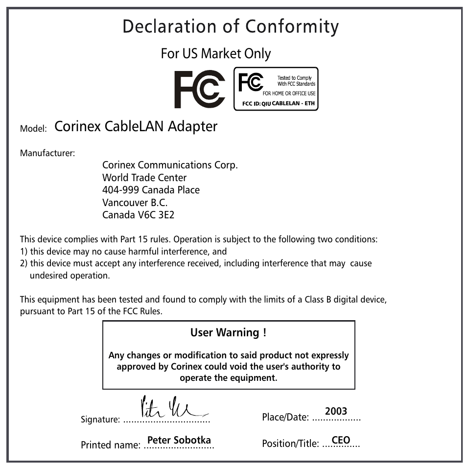 Declaration of conformity - fcc, Corinex cablelan adapter | Corinex Global MAC OS X User Manual | Page 3 / 35
