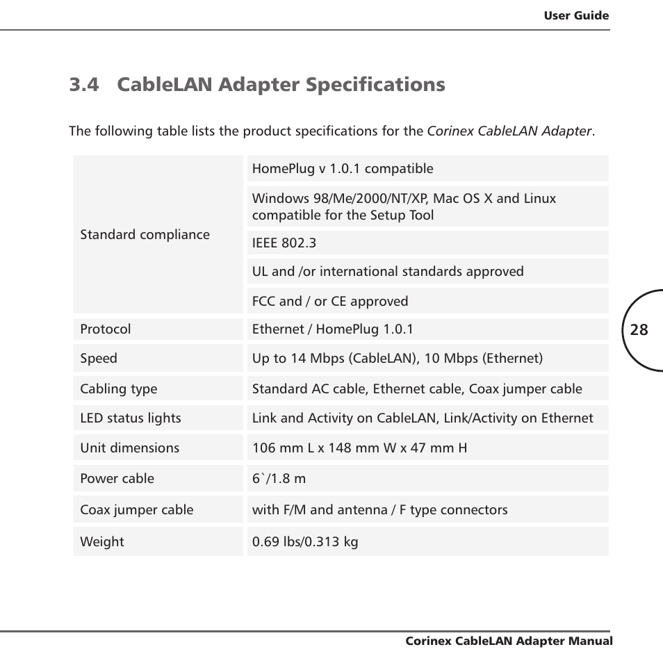 4 cablelan adapter specifications | Corinex Global MAC OS X User Manual | Page 31 / 35