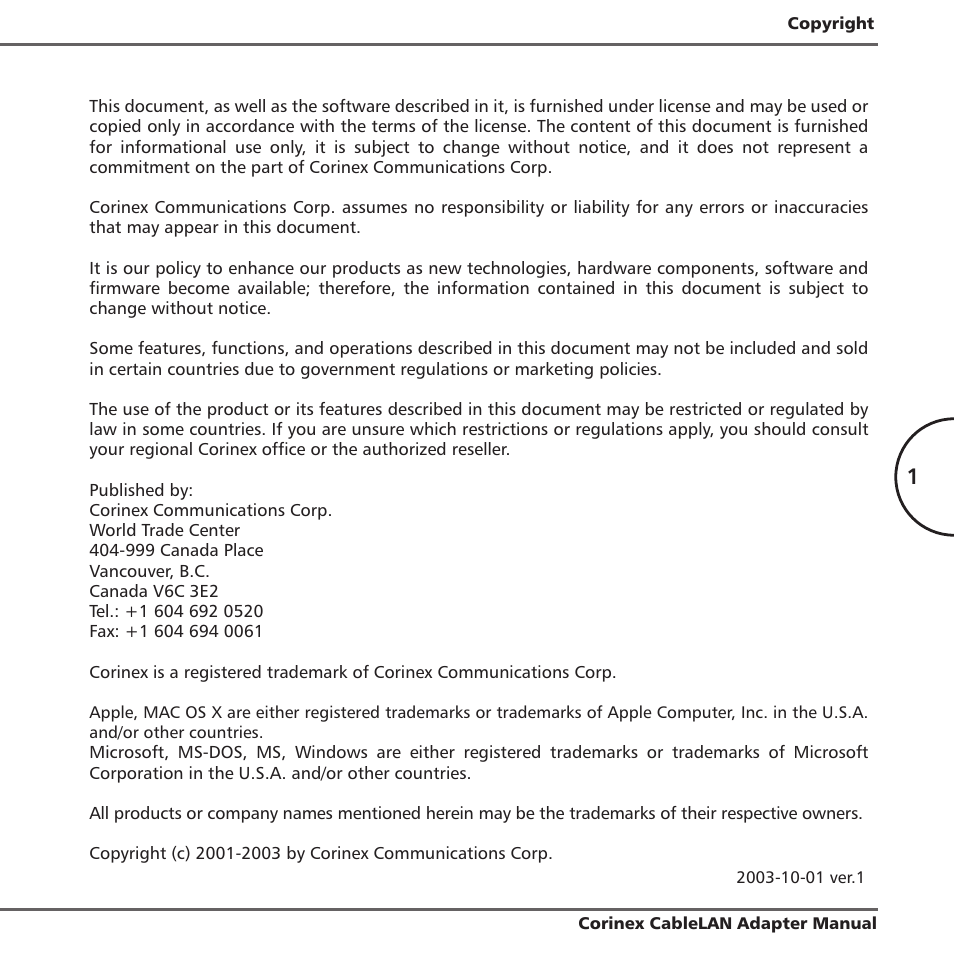 Copyright | Corinex Global MAC OS X User Manual | Page 4 / 35
