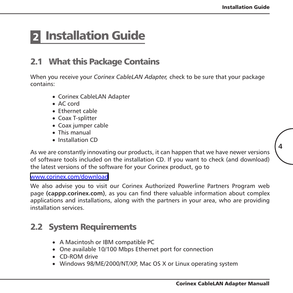 2 installation guide, 1 what this package contains, 2 system requirements | Installation guide | Corinex Global MAC OS X User Manual | Page 7 / 35