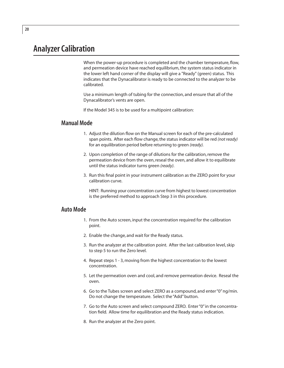 Analyzer calibration, Manual mode, Auto mode | VICI Dynacalibrator 345 User Manual | Page 24 / 31