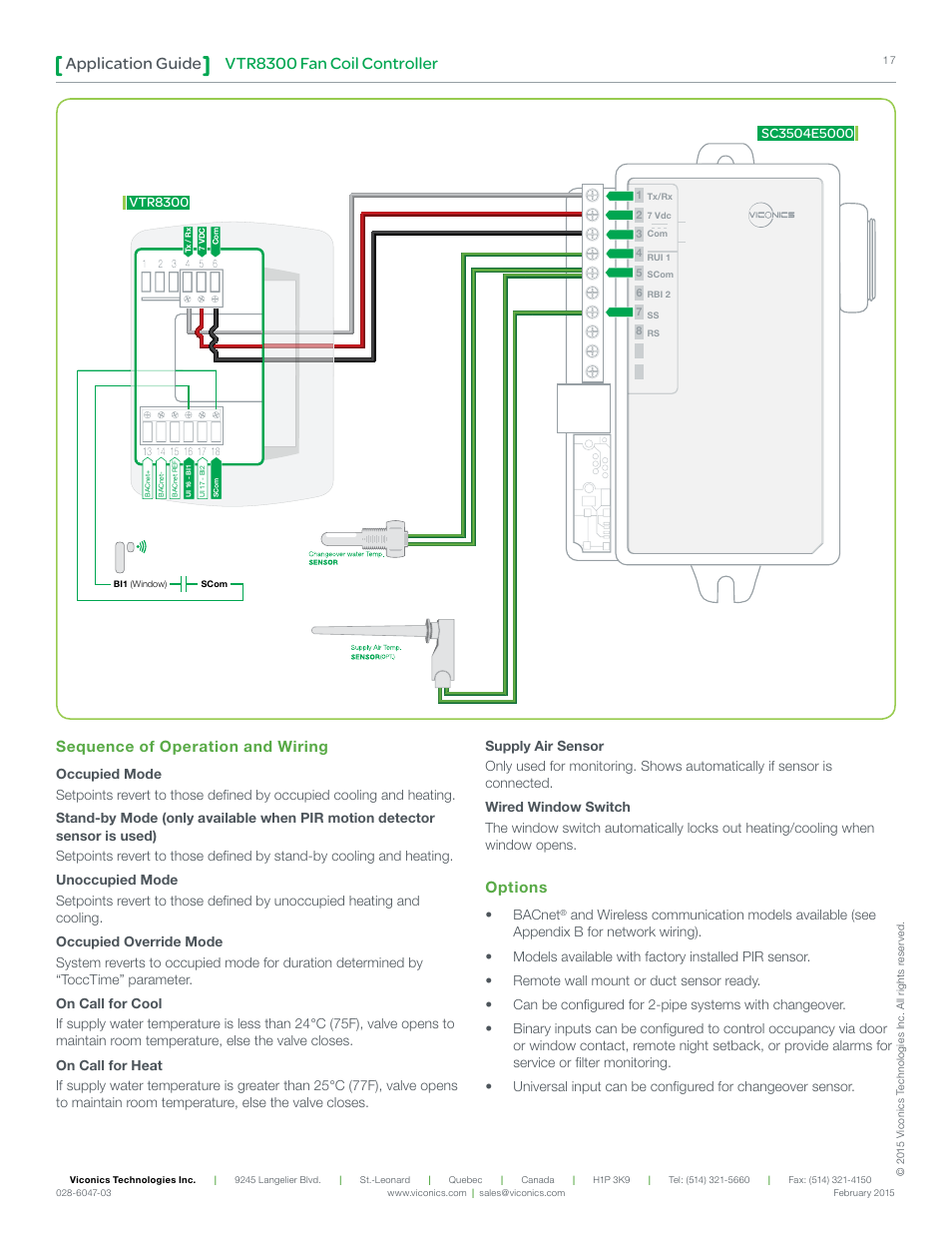 Vtr8300 fan coil controller application guide, Sequence of operation and wiring, Options | Bacnet | Viconics VTR8300 Line Voltage Application Guide User Manual | Page 17 / 23